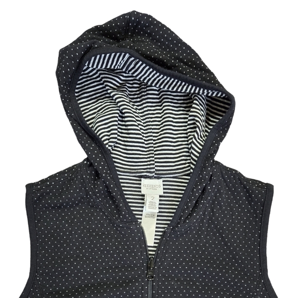 Chico's Weekends Black White Reversible Polka Dot Stripe Hooded Vest Pockets - Picture 6 of 11